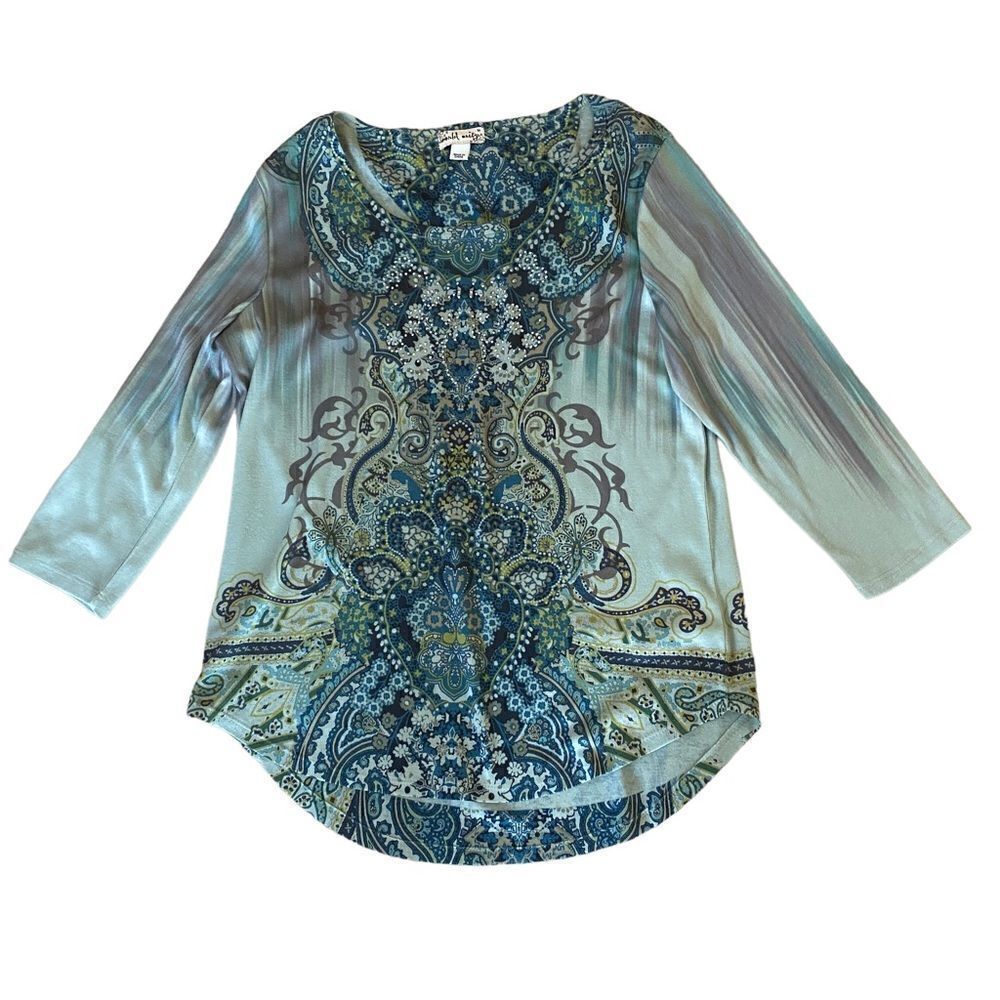 World Unity Boho Green Embellished Top Size M - Picture 3 of 6